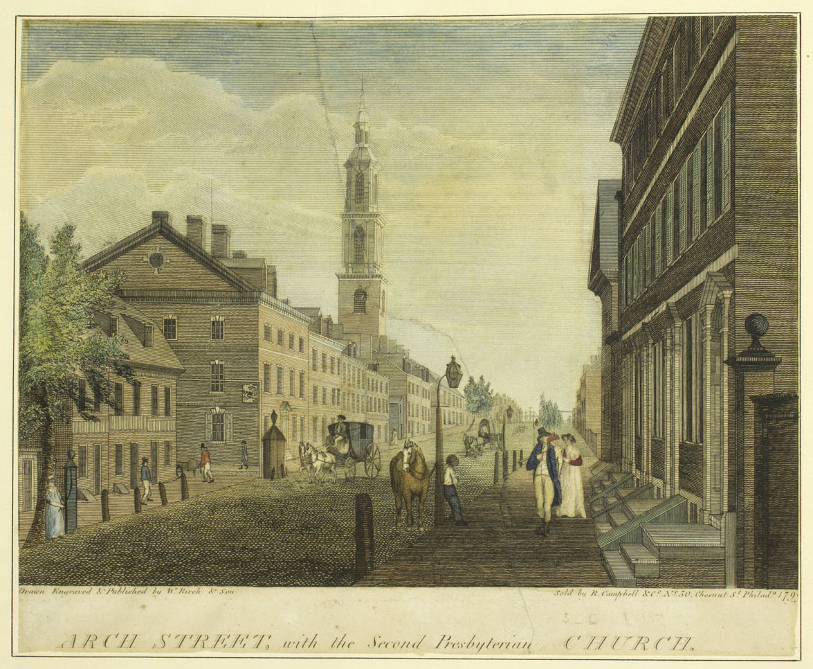 Arch Street, with the Second Presbyterian Church, from Birch's Views, 1799. Water Street and the wharves below Arch Street are where the fever began.