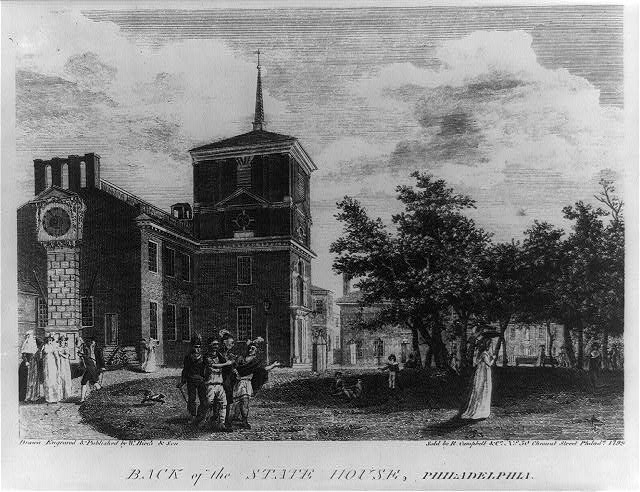 The back of the State House, Philadelphia, from Birch's Views, 1799. Library of Congress.