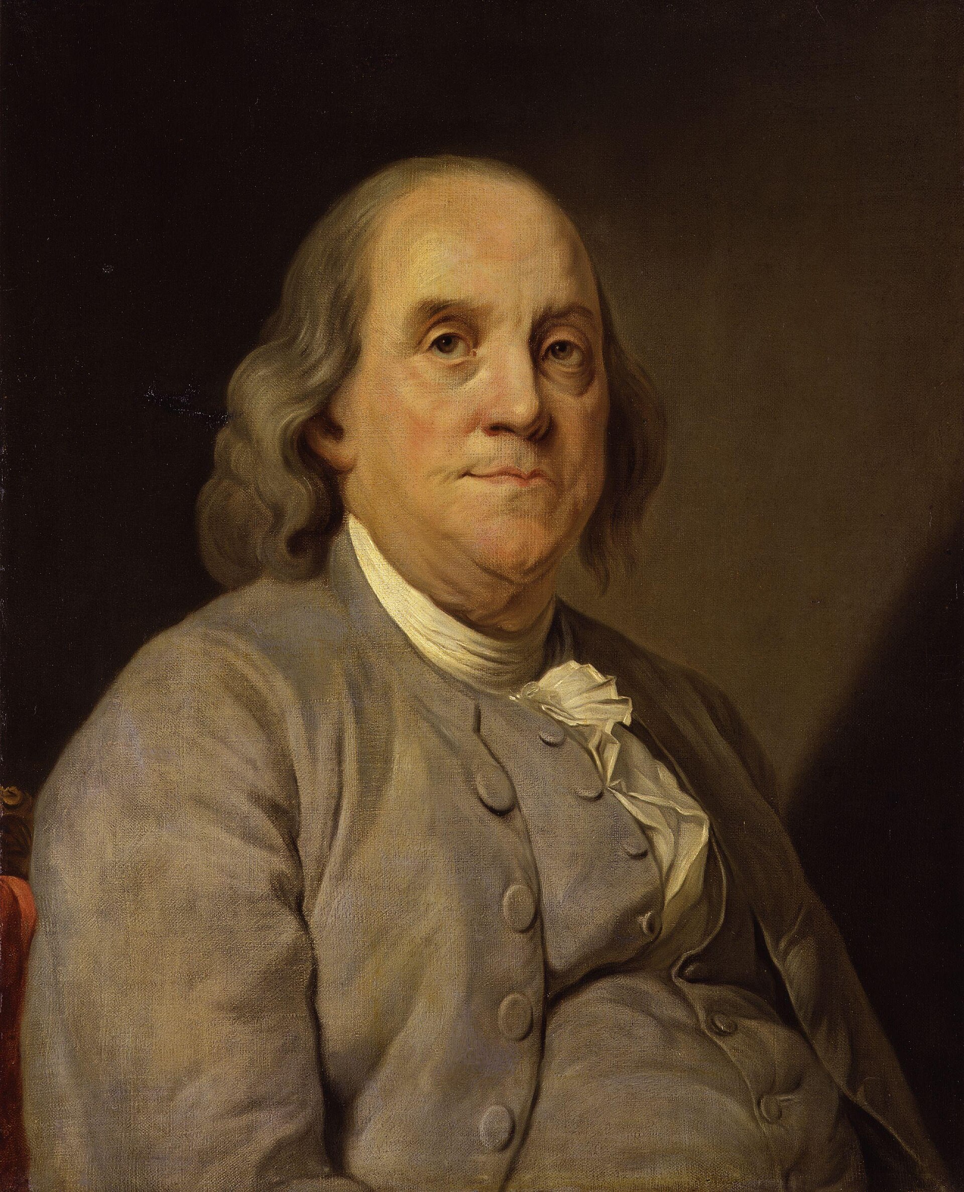 Benjamin Franklin, after Joseph Siffred Duplessis, from his portrait of 1778. National Portrait Gallery, London.