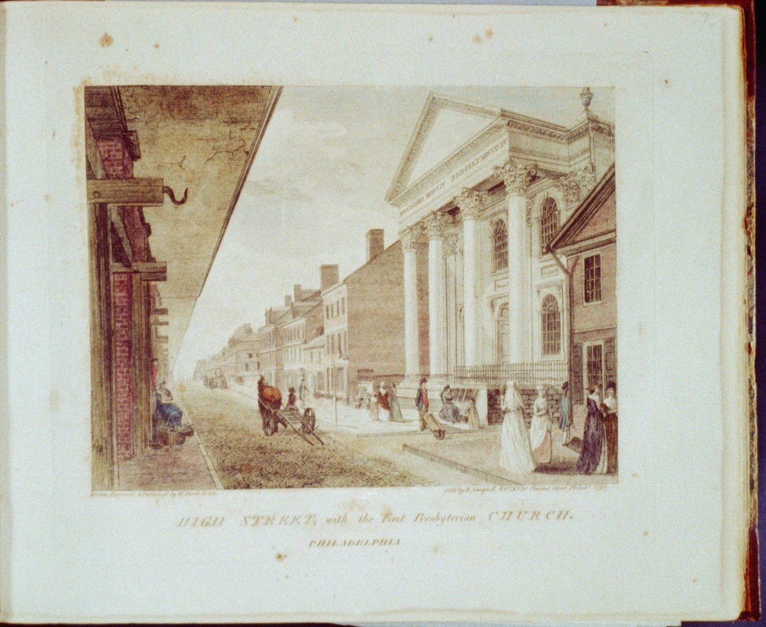 High Street, with the First Presbyterian Church, from Birch's Views, 1799. Library of Congress.