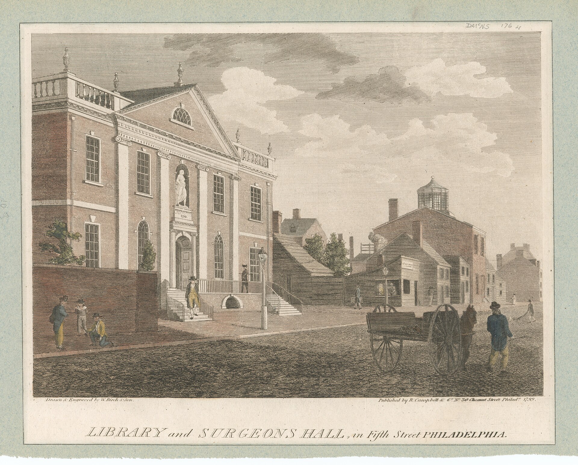 Library Hall of the Library Company, with Surgeons' Hall behind it, Fifth Street, from Birch's Views, 1799. Franklin's statue stands in the niche over the door.