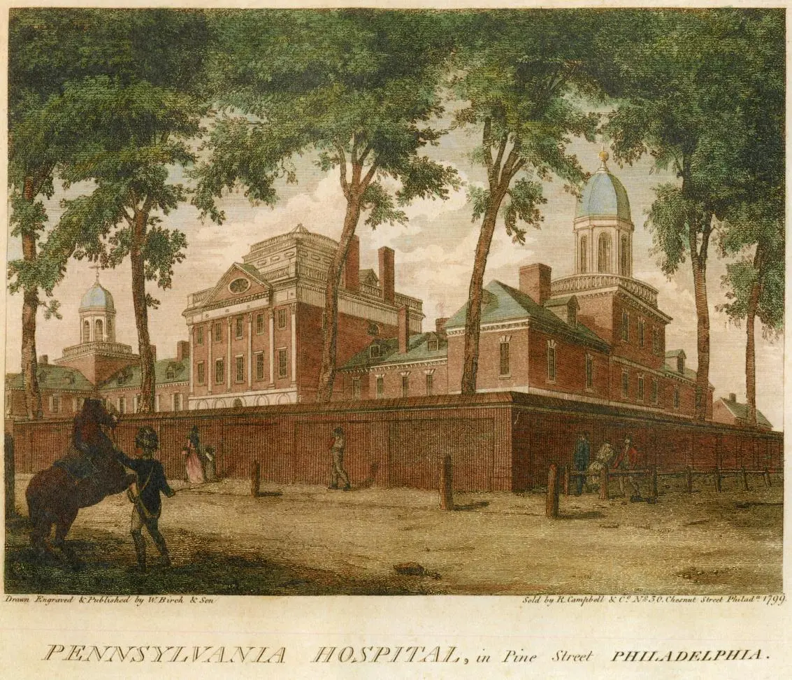 The Pennsylvania Hospital in Pine Street, Philadelphia, drawn, engraved and published by W. Birch and Son, 1799