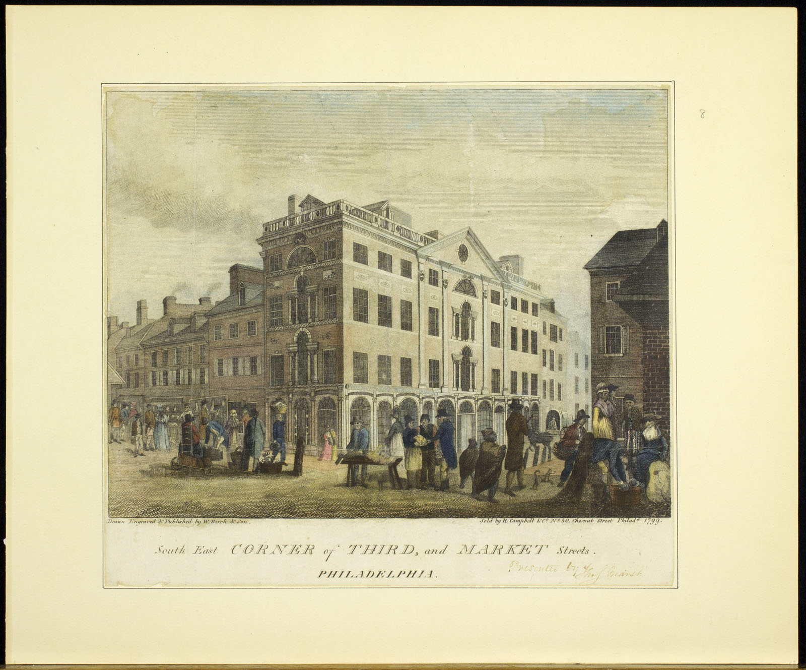 The south-east corner of Third and Market Streets, from Birch's Views of Philadelphia, 1799. Franklin's New Printing-Office stood a few doors from this corner.