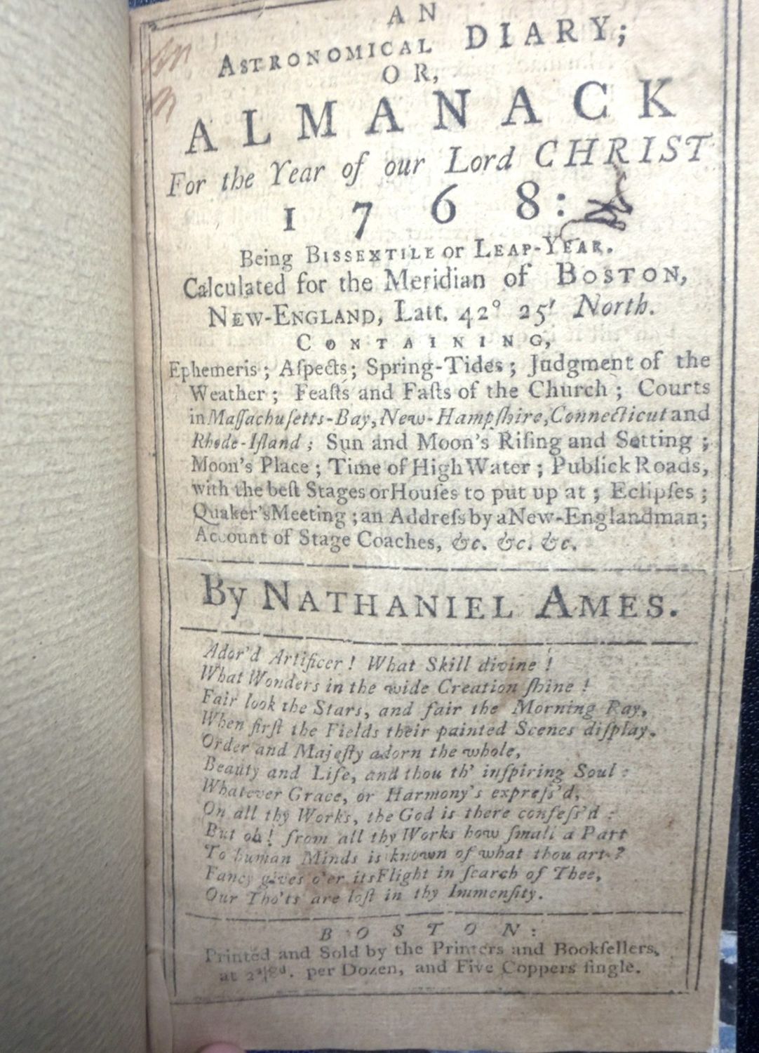 Nathaniel Ames, An Astronomical Diary, or Almanack for the Year of our Lord Christ 1768