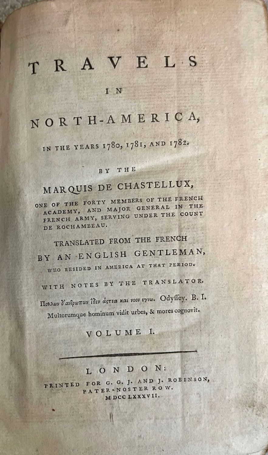 Chastellux, Travels in North-America, London 1787, title page of volume one
