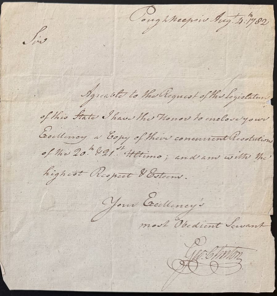 George Clinton, letter signed to John Hancock, Poughkeepsie, 4 August 1782