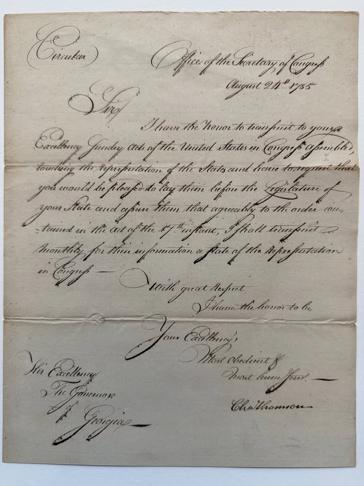 Charles Thomson, circular letter as Secretary of Congress to the Governor of Georgia, 24 August 1785