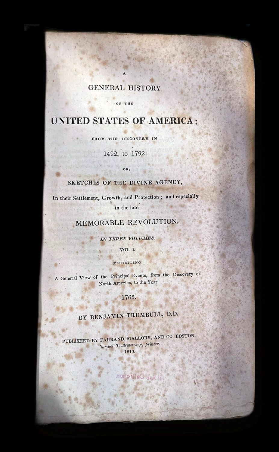 Benjamin Trumbull, A General History of the United States of America, Boston 1810, title page