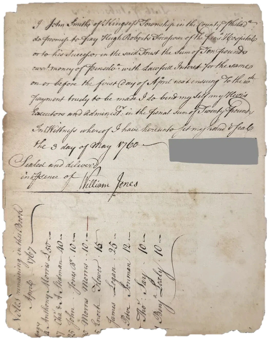 The bond of John Smith of Kingsess, 3 May 1760
