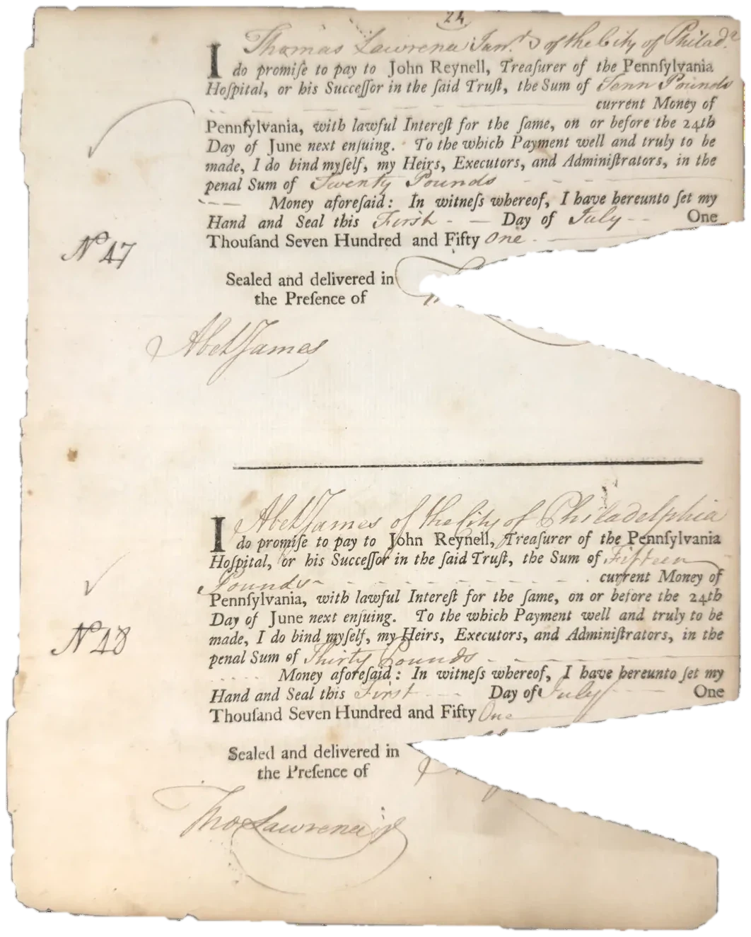 Thomas Lawrence Jr. and Abel James, 1 July 1751