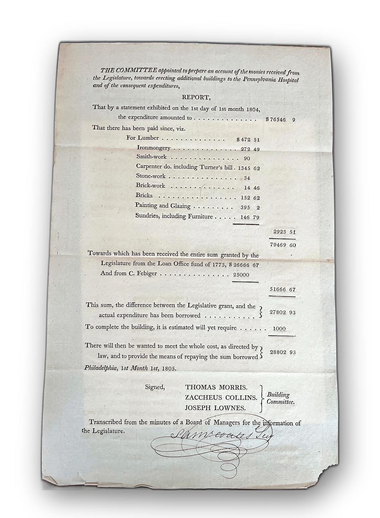Pennsylvania Hospital Ledger January 1, 1805