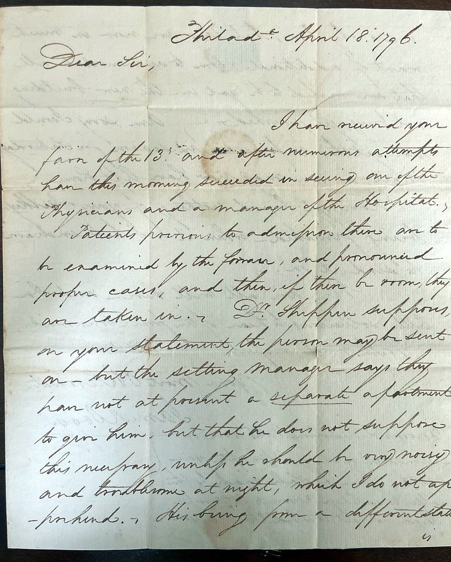 Letter regarding the admission of a patient to the Pennsylvania Hospital, 18 April 1796