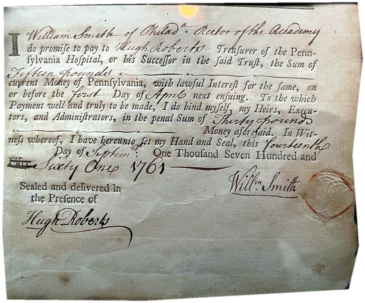 William Smith, Rector of the Academy, promissory note to the Pennsylvania Hospital, 1761