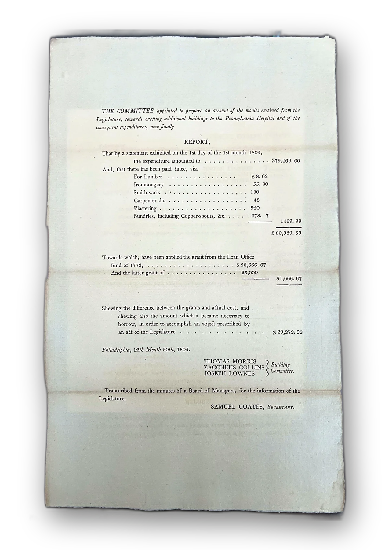 Pennsylvania Hospital Ledger December 30, 1805