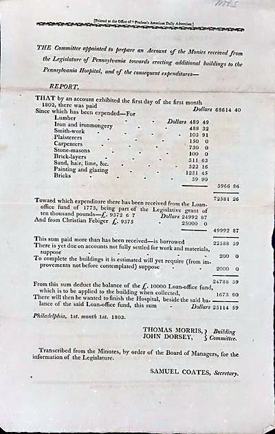 The Committee appointed to prepare an Account of the Monies received from the Legislature of Pennsylvania, towards erecting additional buildings to the Pennsylvania Hospital, and finishing the same, and of the Expenditures for the said Buildings..