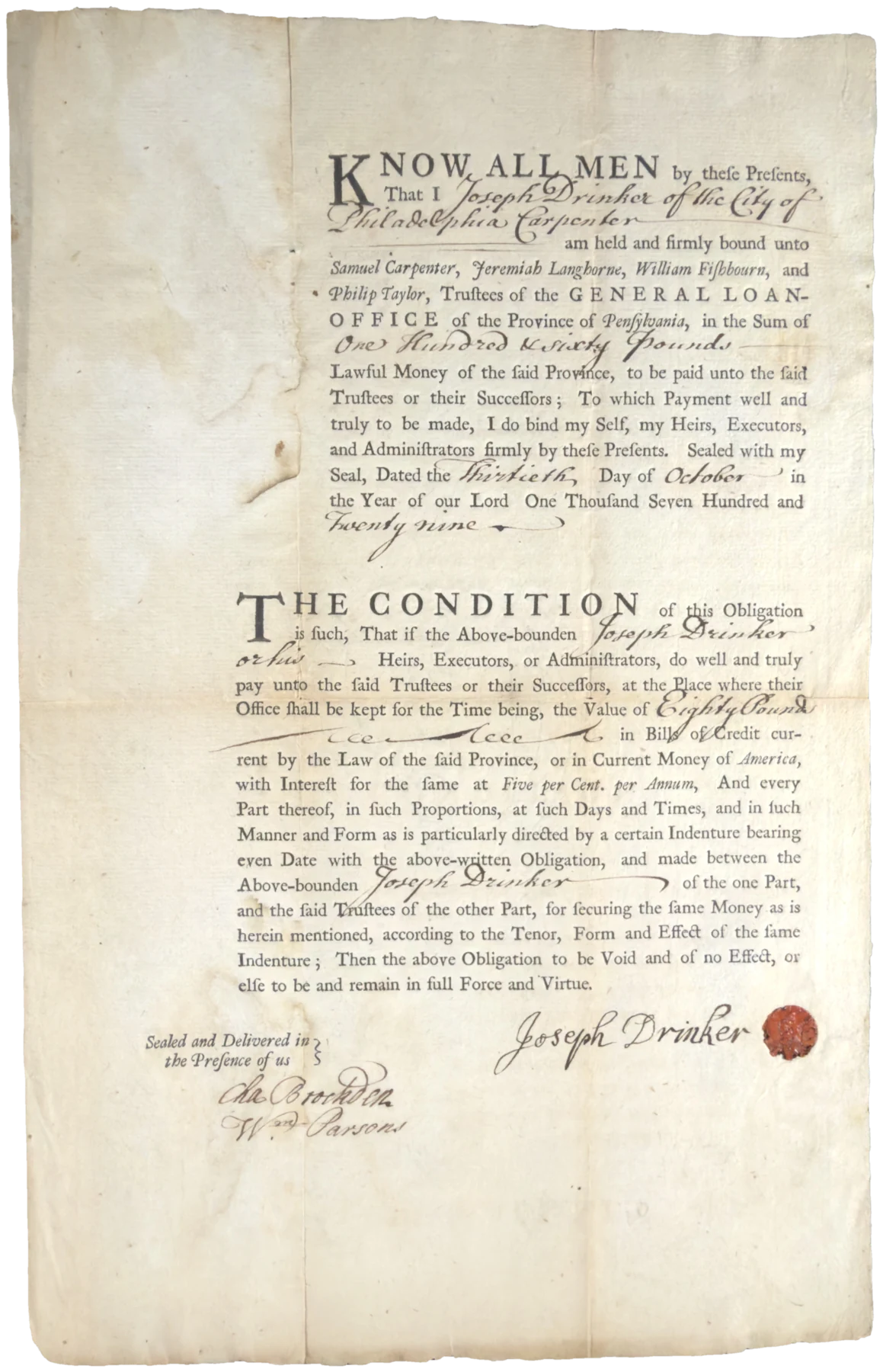 Know All Men by These Presents: a mortgage bond of the General Loan Office, 1729