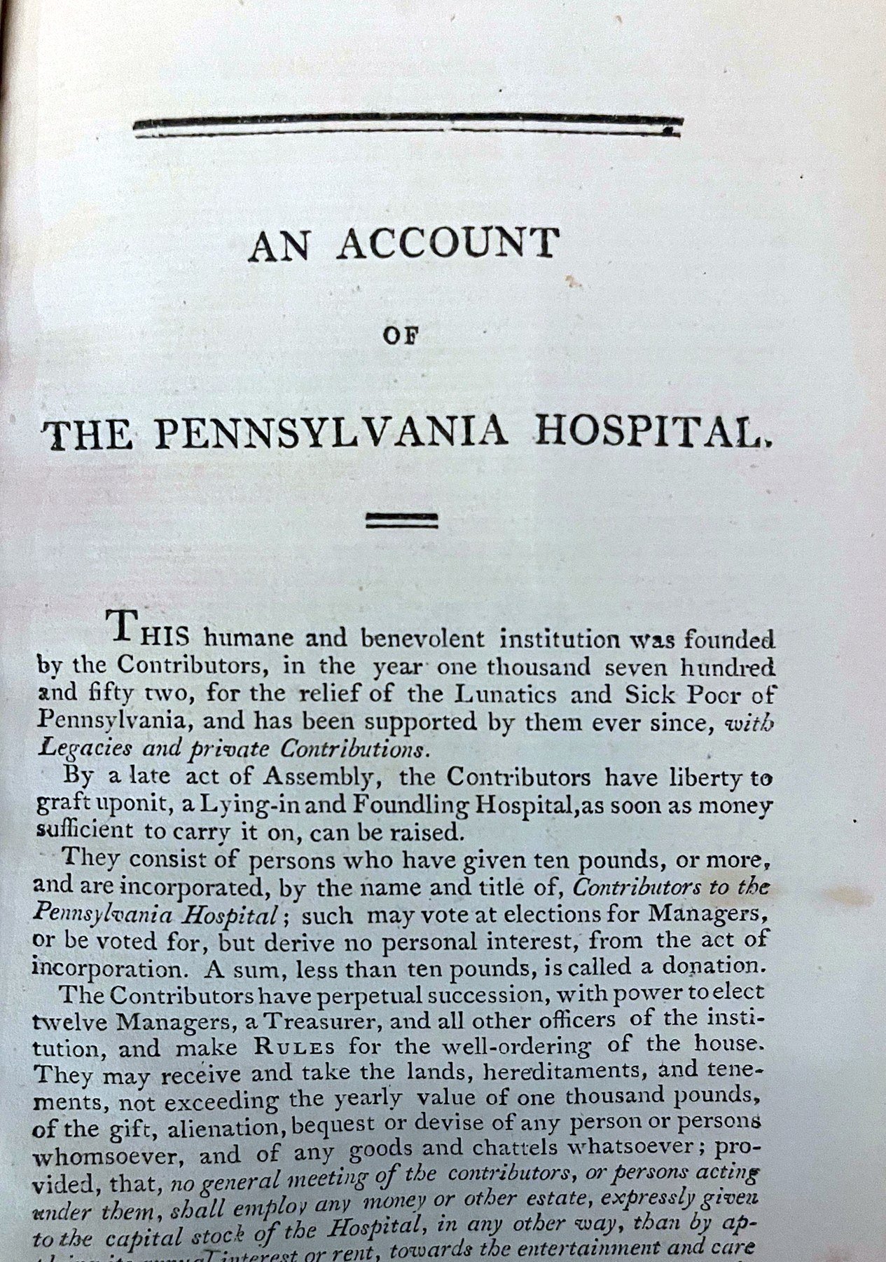 1801 Account of Pennsylvania Hospital