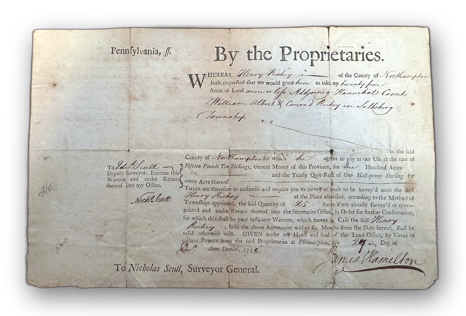 By the Proprietaries: a surveyor's warrant to Nicholas Scull