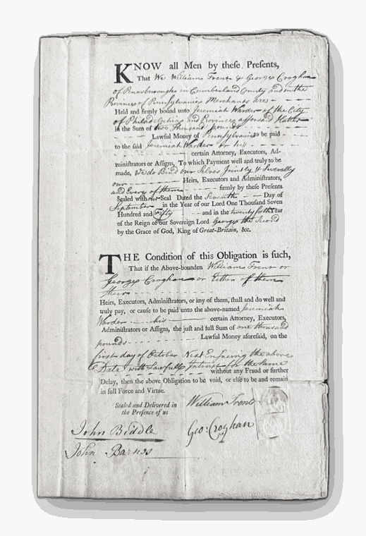 A printed bond for William Trent and George Croghan