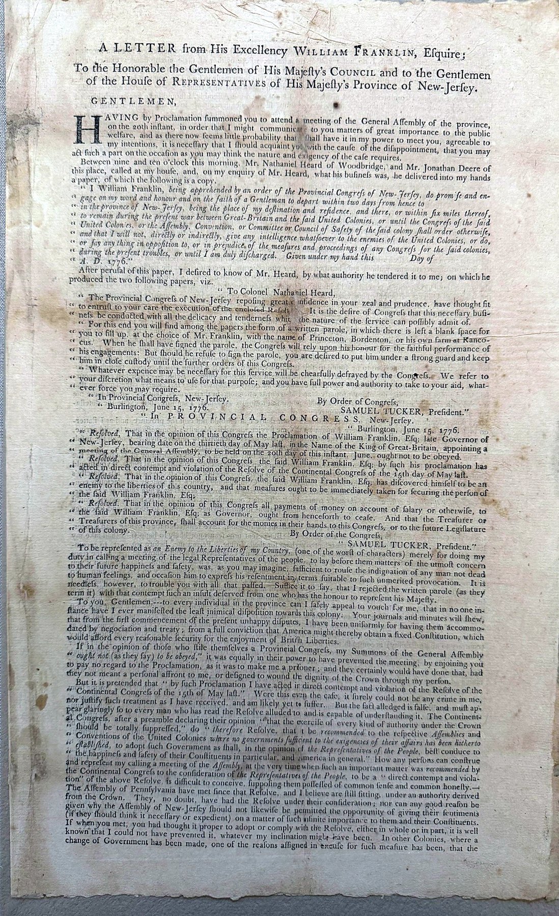 A Letter from His Excellency William Franklin to the Provincial Congress
