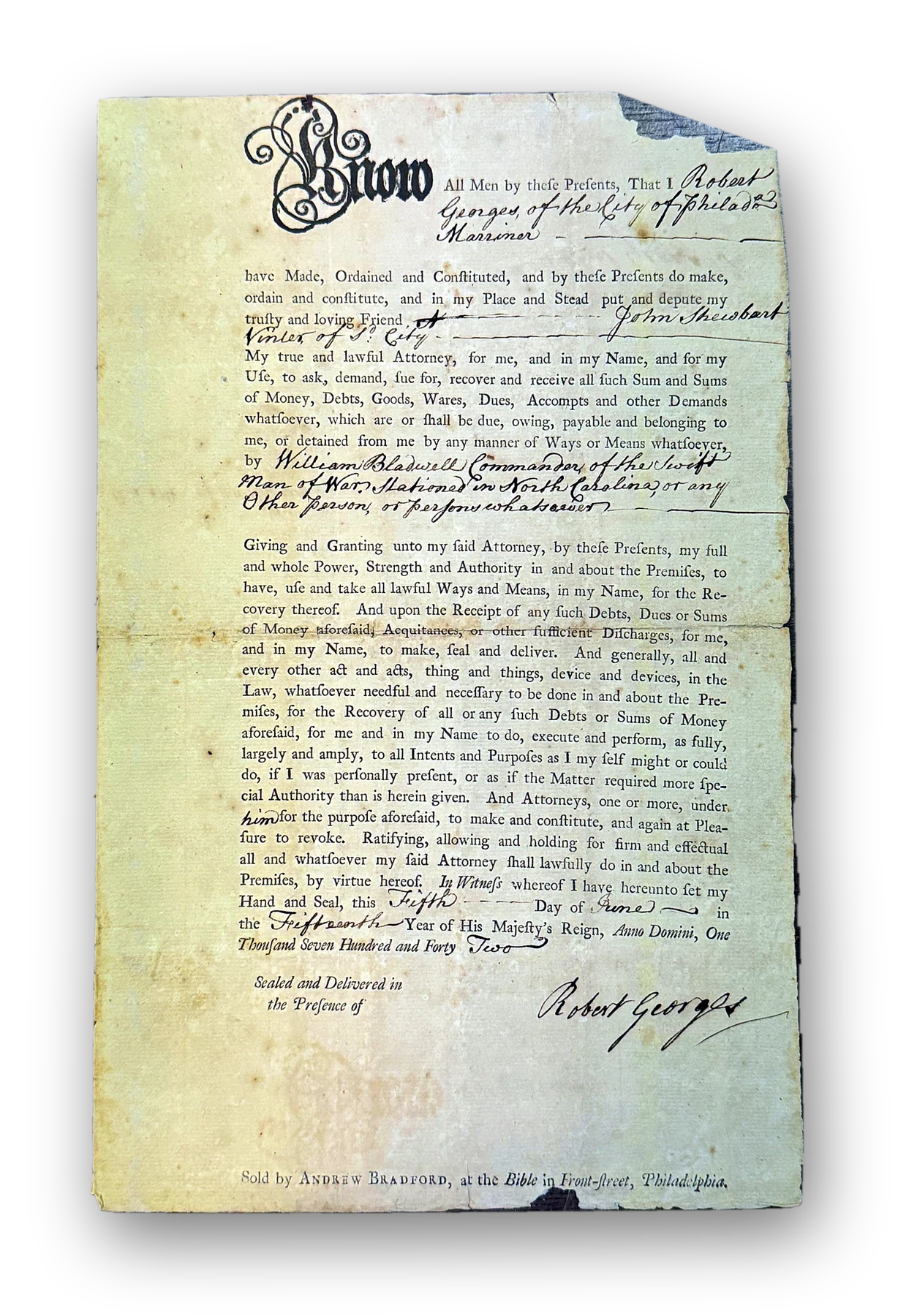 Andrew Bradford, printed legal form, 1742