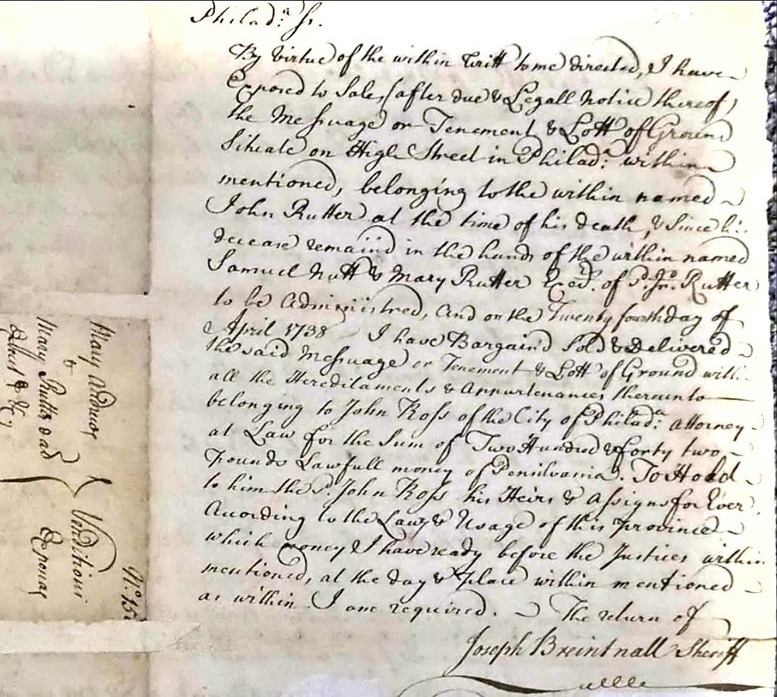 Sheriff's return endorsed on a writ, Philadelphia, 1738, signed by Joseph Breintnall