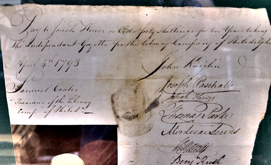 Order on the Treasurer of the Library Company of Philadelphia, 4 April 1793, signed by the directors including Benjamin Rush