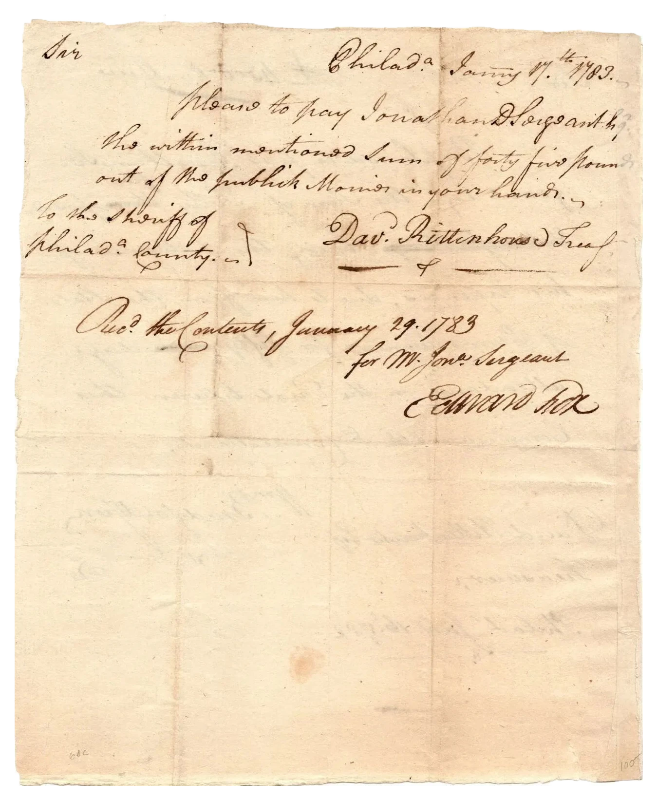 William Bradford Jr. to David Rittenhouse, with Rittenhouse's order to pay Jonathan Dickinson Sergeant