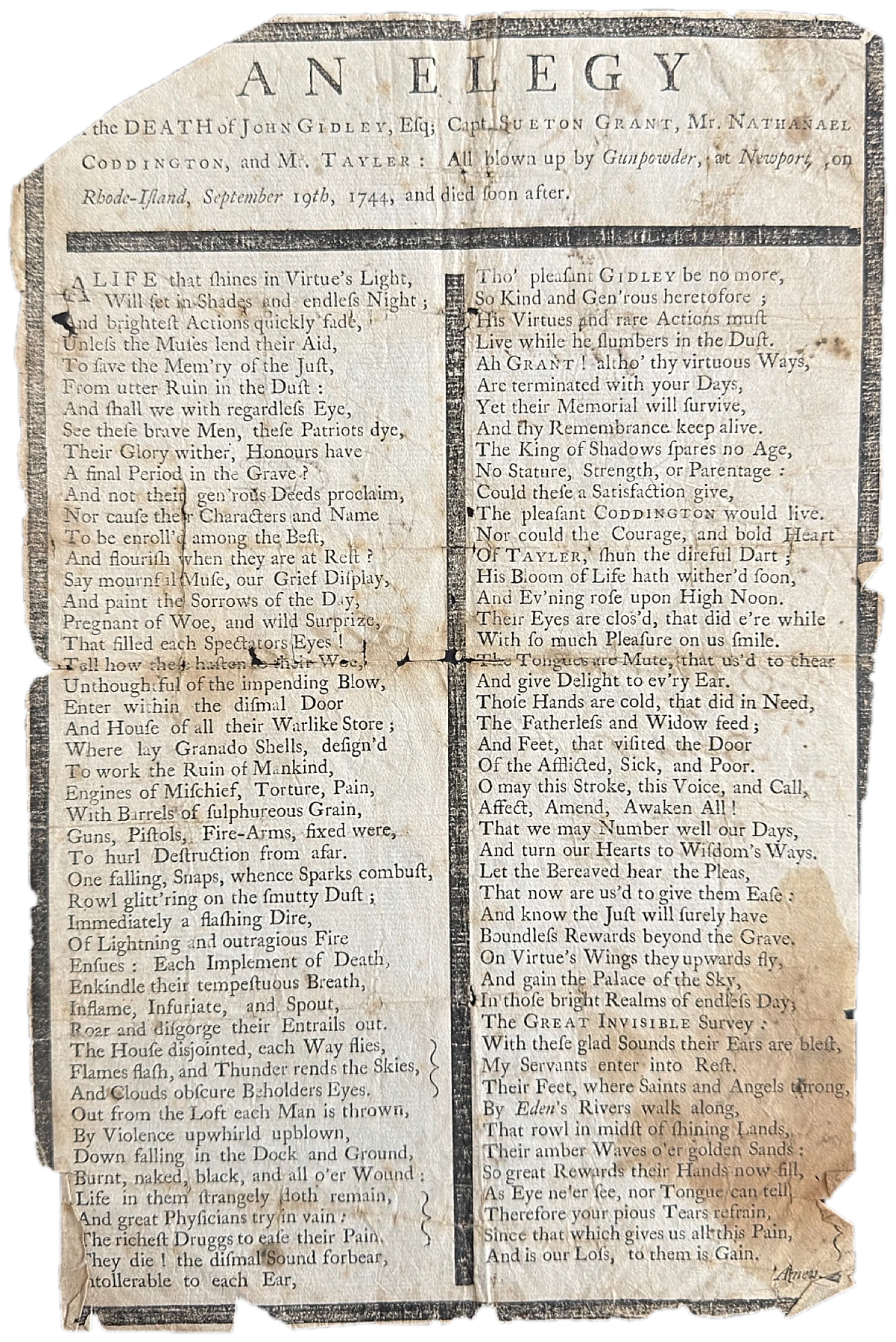 An Elegy on the Death of John Gidley, Esq; Capt. Sueton Grant, Mr. Nathanael Coddington, and Mr. Tayler, broadside, Newport, 1744