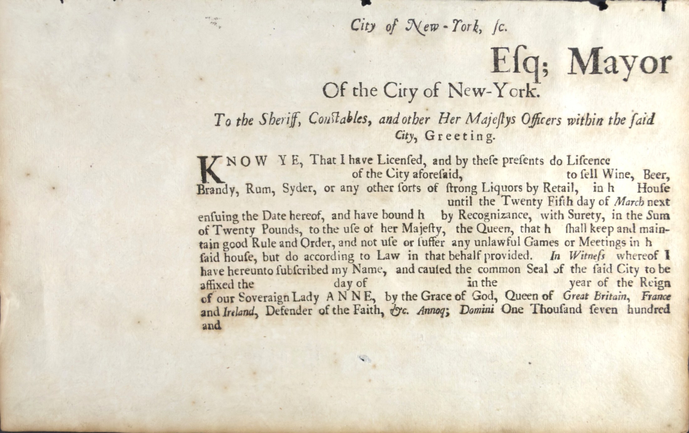 A licence to sell strong liquors by retail, City of New-York