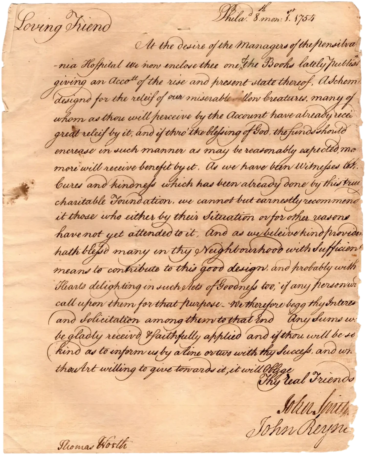 John Smith and John Reynell to Thomas Worth, soliciting subscriptions for the Pennsylvania Hospital, 1 August 1754