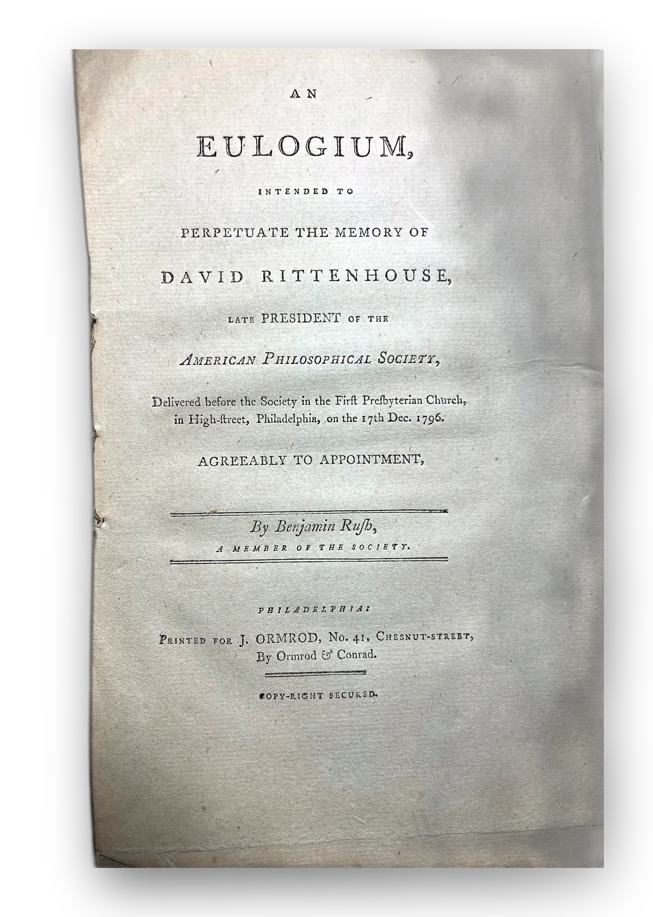 Benjamin Rush, An Eulogium Intended to Perpetuate the Memory of David Rittenhouse