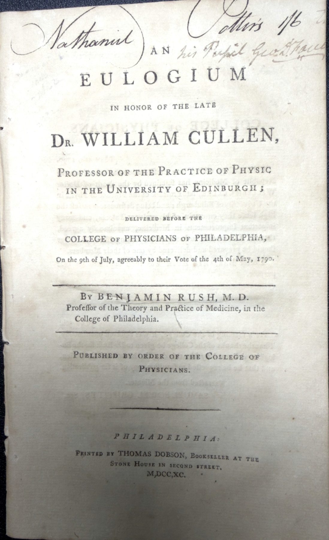 Eulogium in Honor of the Late Dr. William Cullen