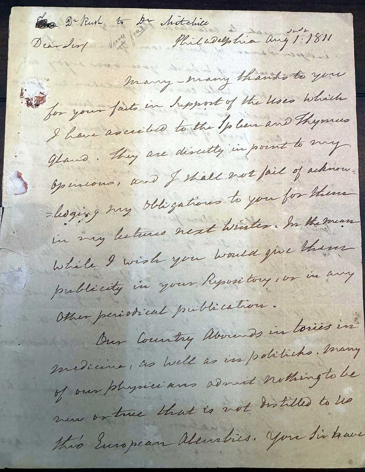Benjamin Rush, autograph letter signed, to Samuel Latham Mitchell