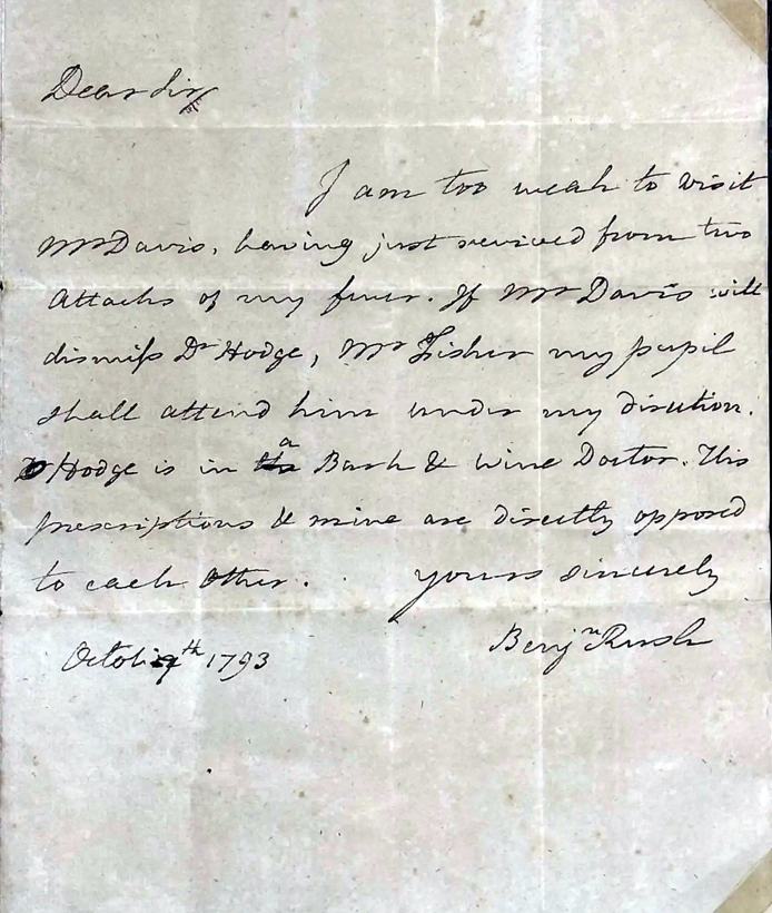 Benjamin Rush, autograph letter signed, October 17, 1793