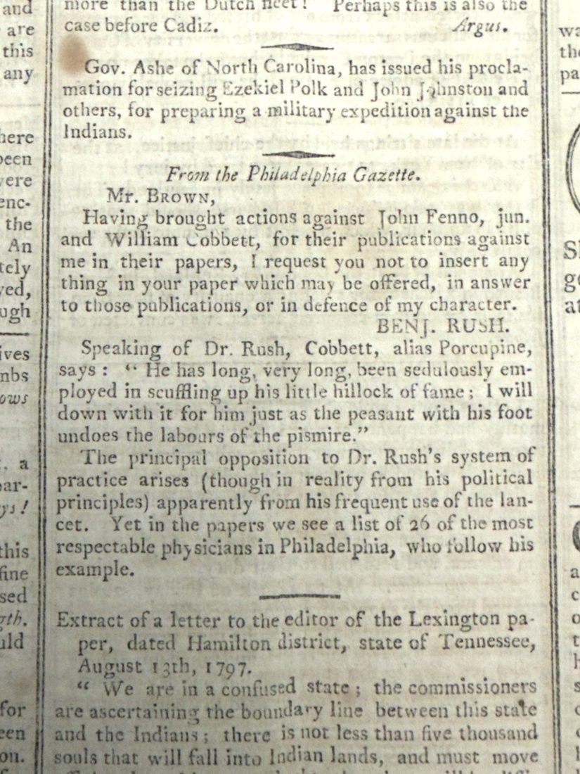 The Bee, 11 October 1797: Rush announces his suits