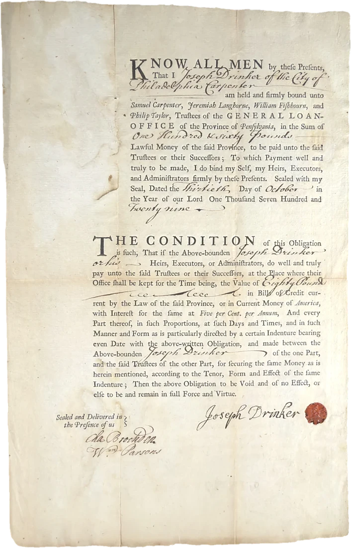 Know All Men by These Presents: a mortgage bond of the General Loan Office, 1729
