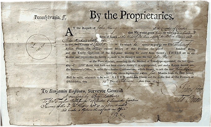 By the Proprietaries: a surveyor's warrant to Benjamin Eastburn