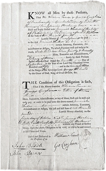 A printed bond for William Trent and George Croghan
