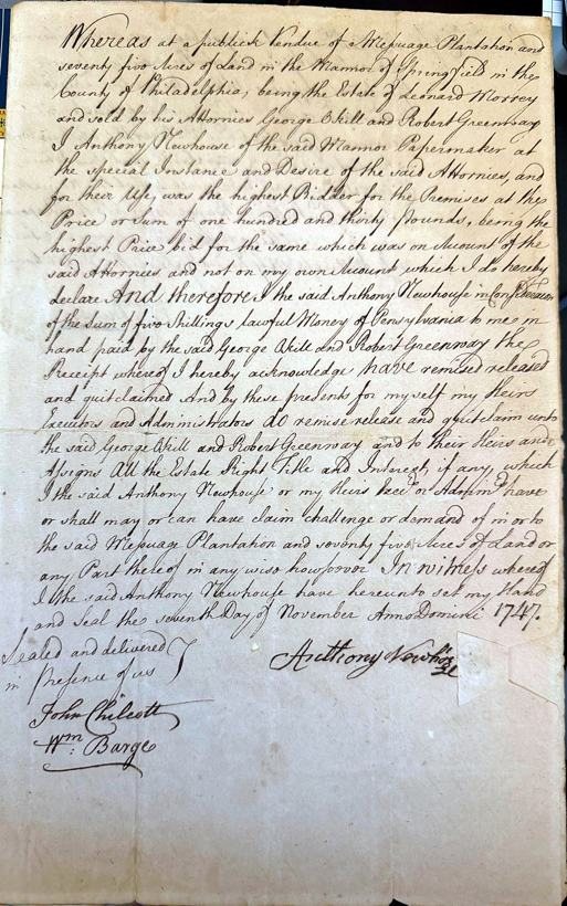 Anthony Newhouse, document signed, Philadelphia, November 7, 1747