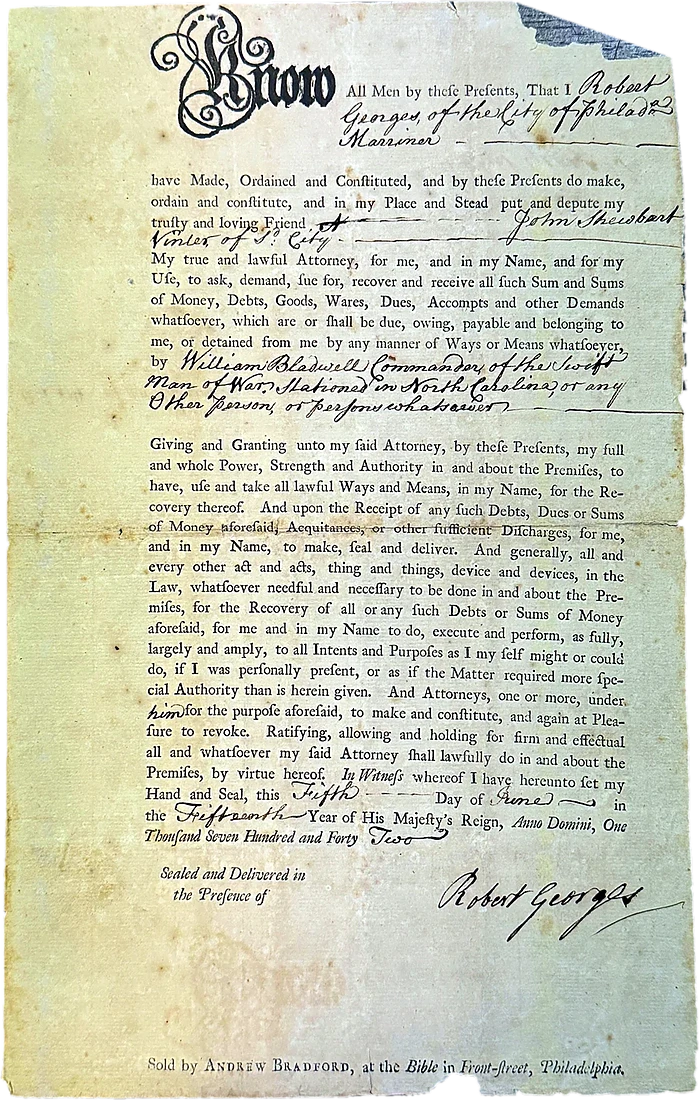 Andrew Bradford, printed legal form, 1742