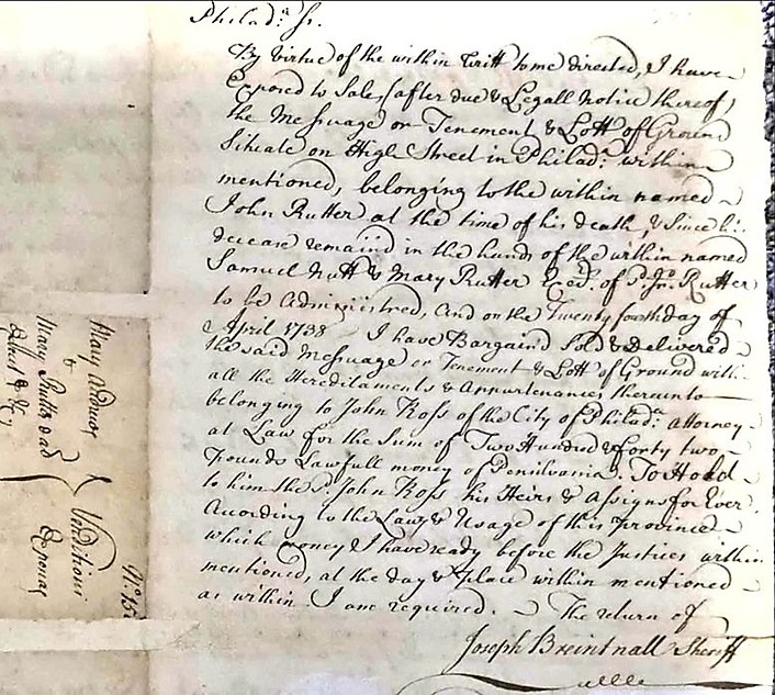 Sheriff's return endorsed on a writ, Philadelphia, 1738, signed by Joseph Breintnall