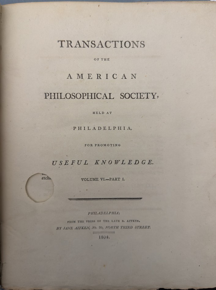 Transactions of the American Philosophical Society, volume six, part one