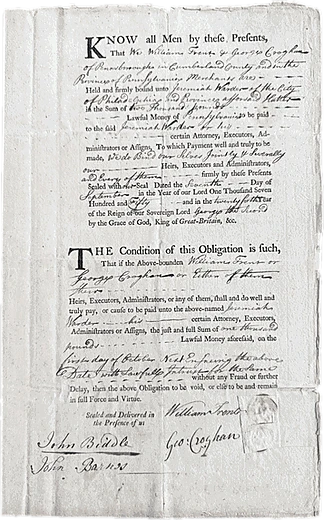 A printed bond for William Trent and George Croghan