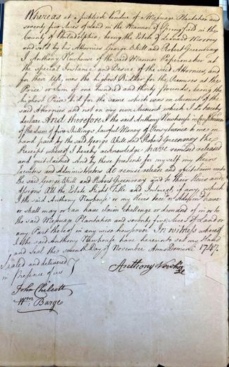 Anthony Newhouse, document signed, Philadelphia, November 7, 1747