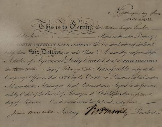 North American Land Company. Certificate for five shares issued to William Temple Franklin, signed by Robert Morris